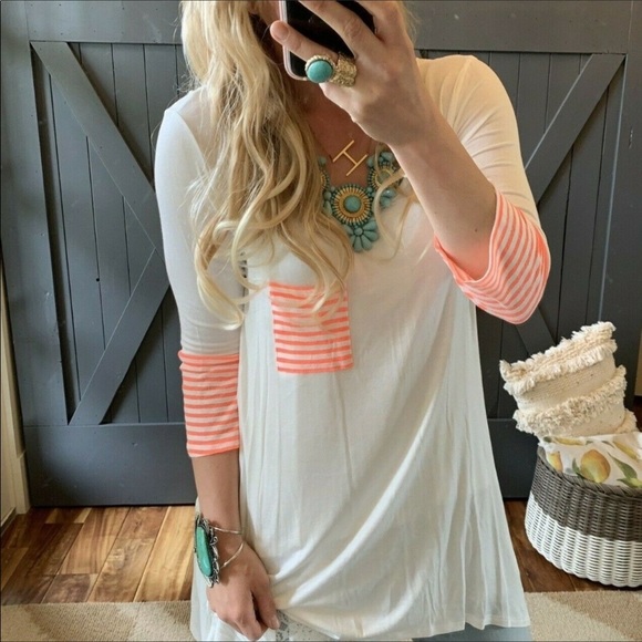 1  LEFT White Quarter Sleeve Striped Tunic Blouse - Picture 6 of 6